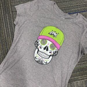 108 Stitches Gray‎ Skull with Baseball Hat Graphic T-Shirt - Medium